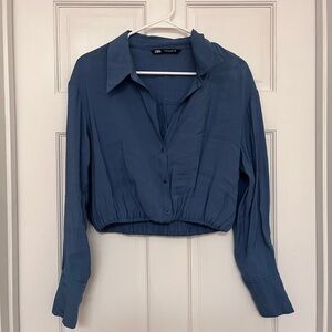 Zara Blue Crop Button Down Shirt with Notched Collar